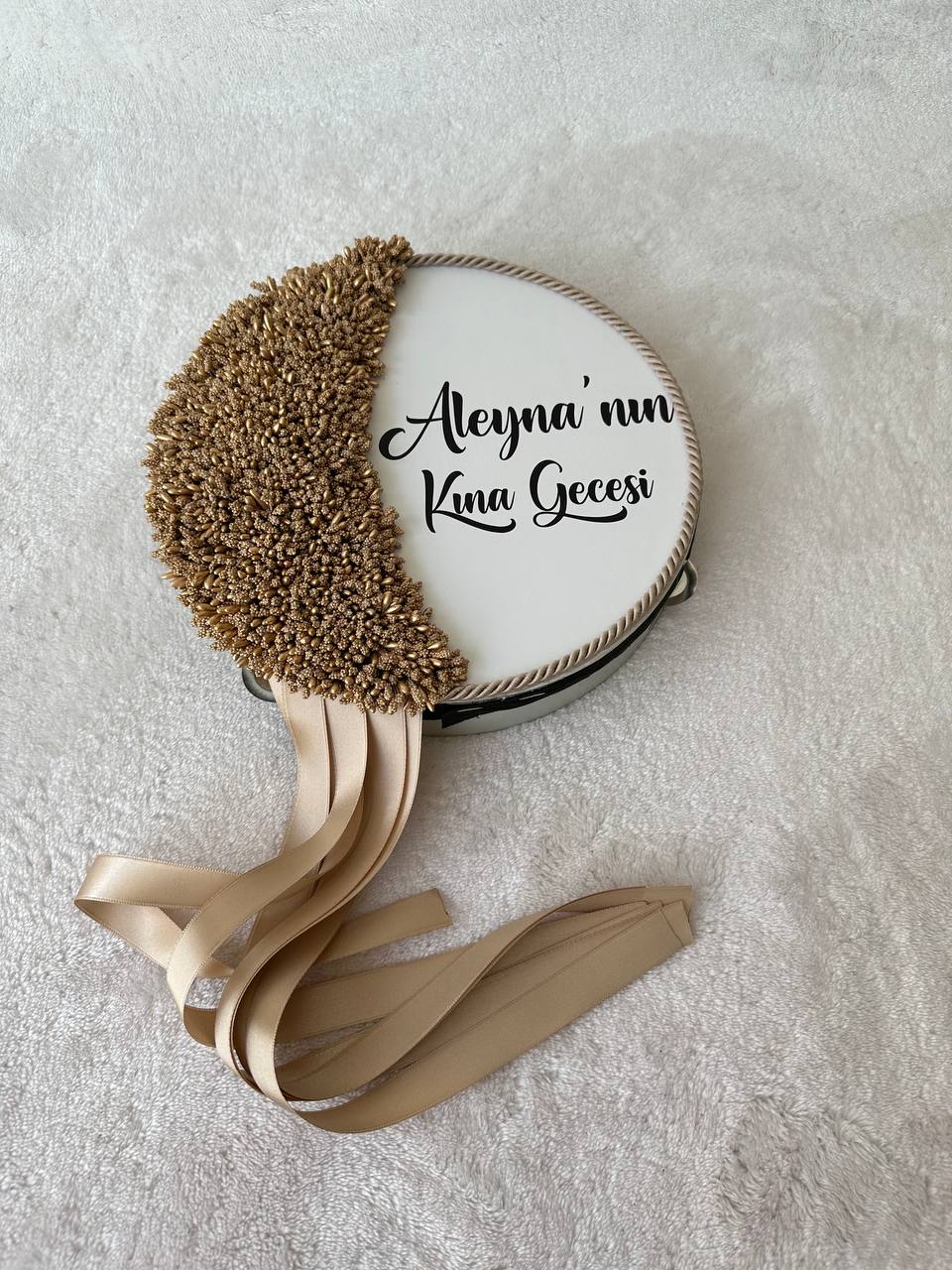 Tomurcuk Motifli Yazılı Bej Kına Defi / İsimli Tef - tamborine