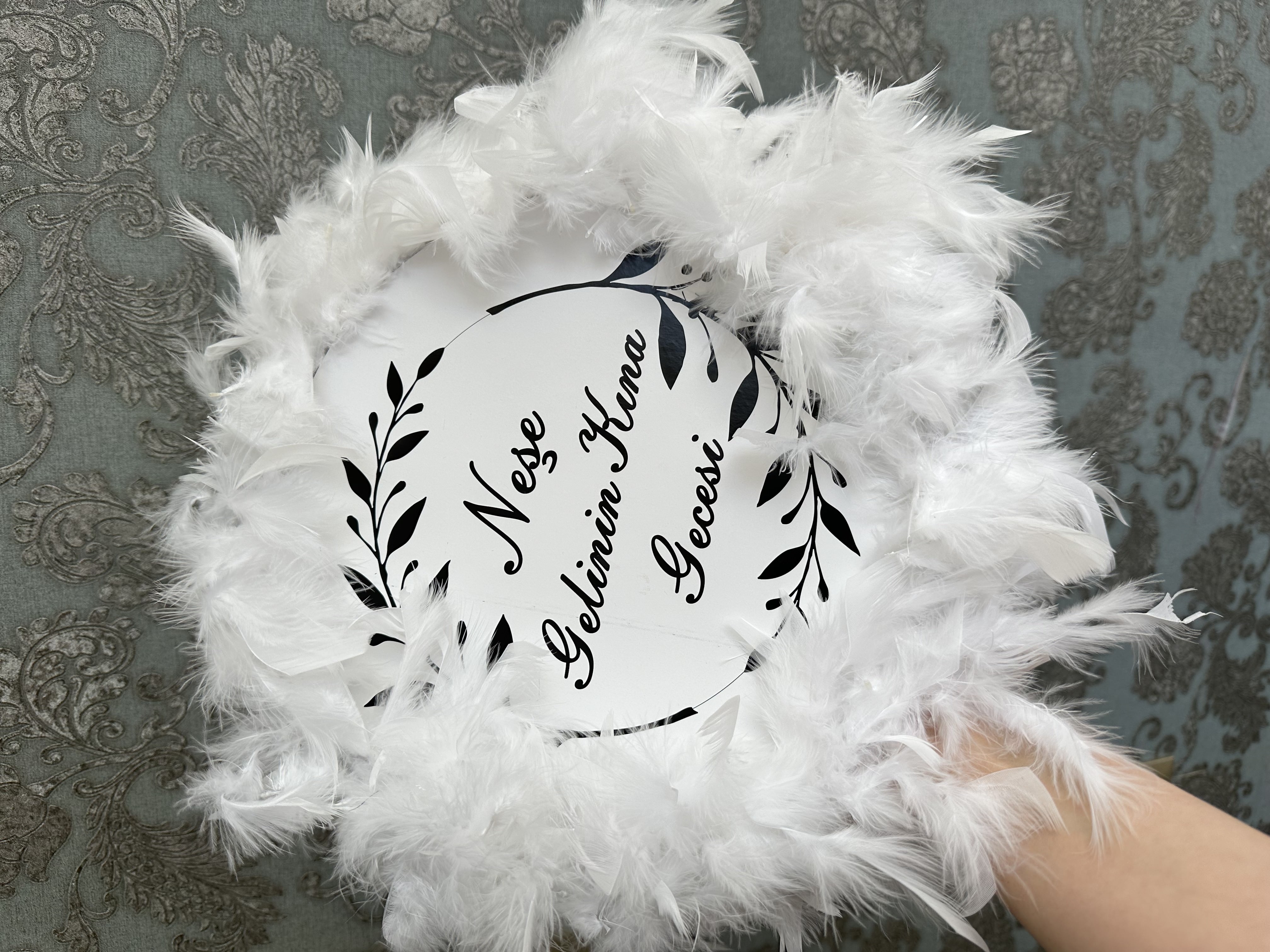Personalized White Feathered Bride's Tambourine with Name / Henna Tambourine with Writing - tamborine