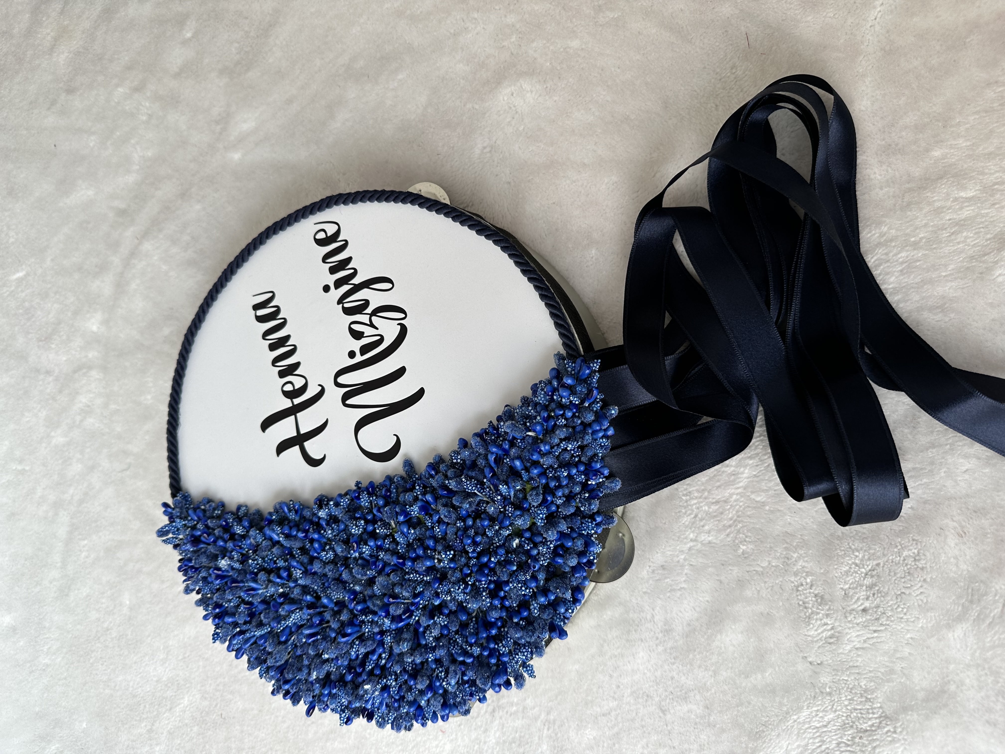 Mavi 'Gelin' Yazılı Tomurcuk Desenli Kına Defi / Modern Tef - tamborine