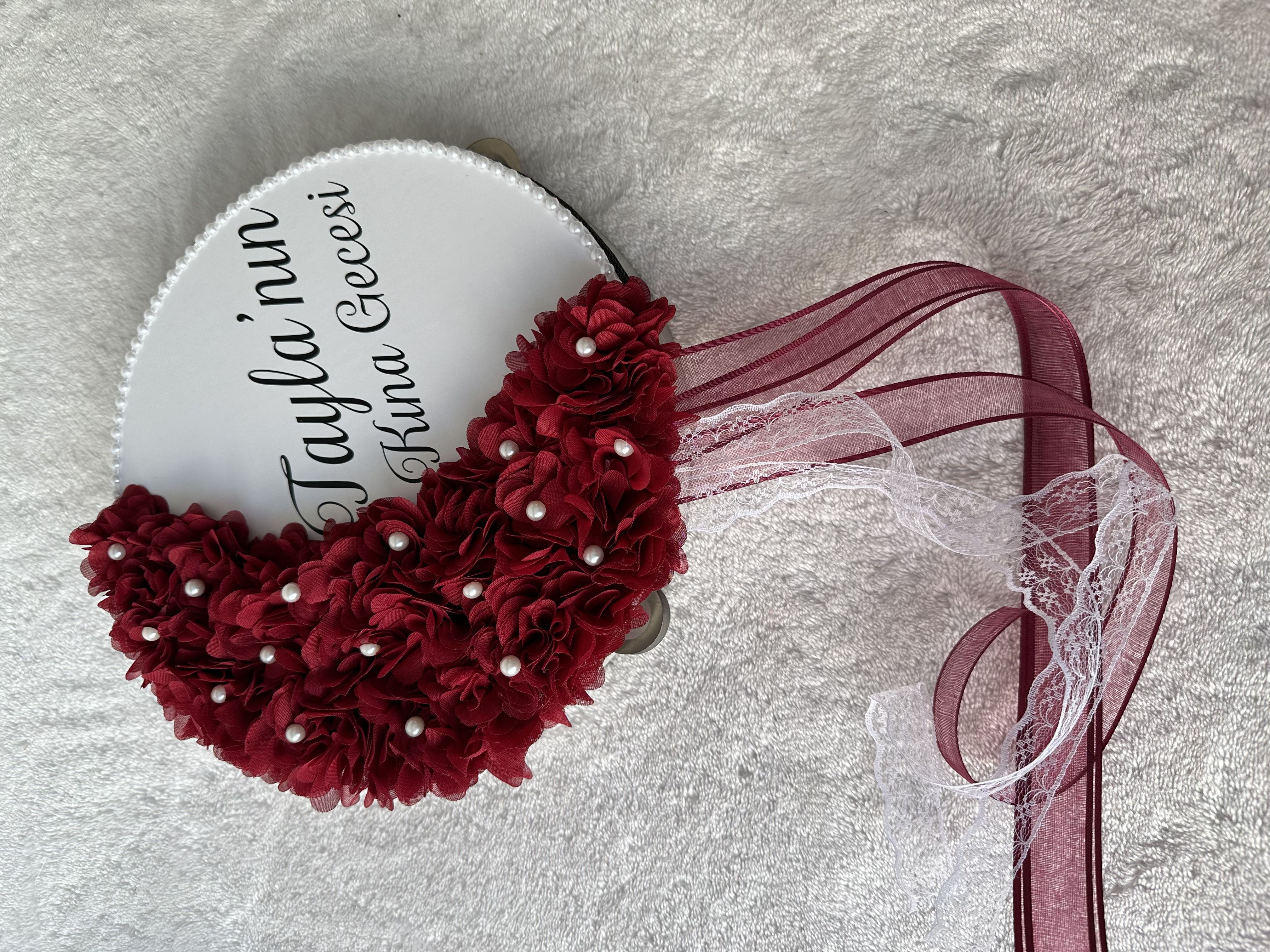 Personalized Bride's Tambourine with Writing, Flower and Bead Embroidery - tamborine