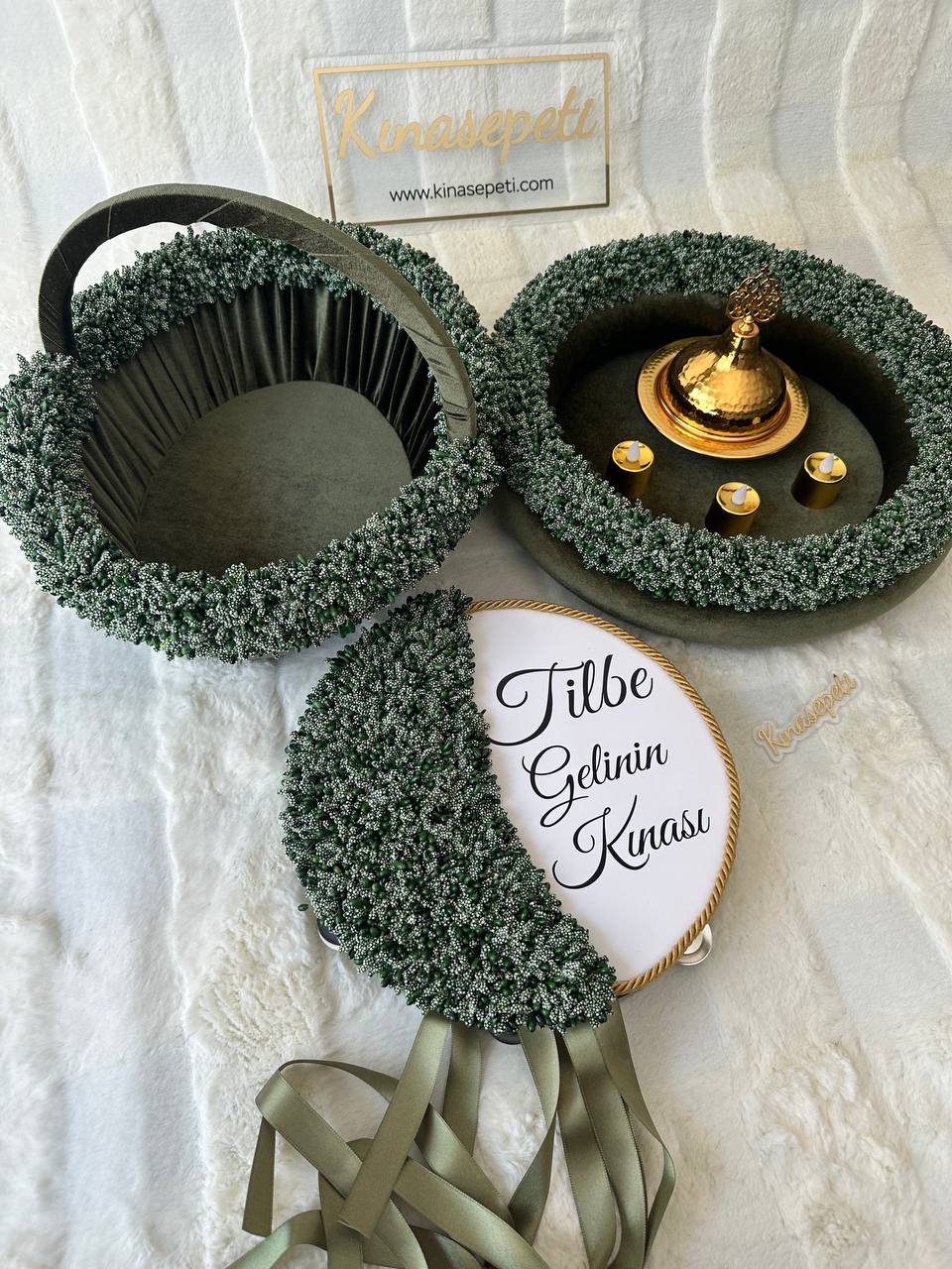 Green Bud Patterned Full Henna Set (Tray, Basket, Tambourine with Writing, Bowl, 3 LED Candles) - hennaset