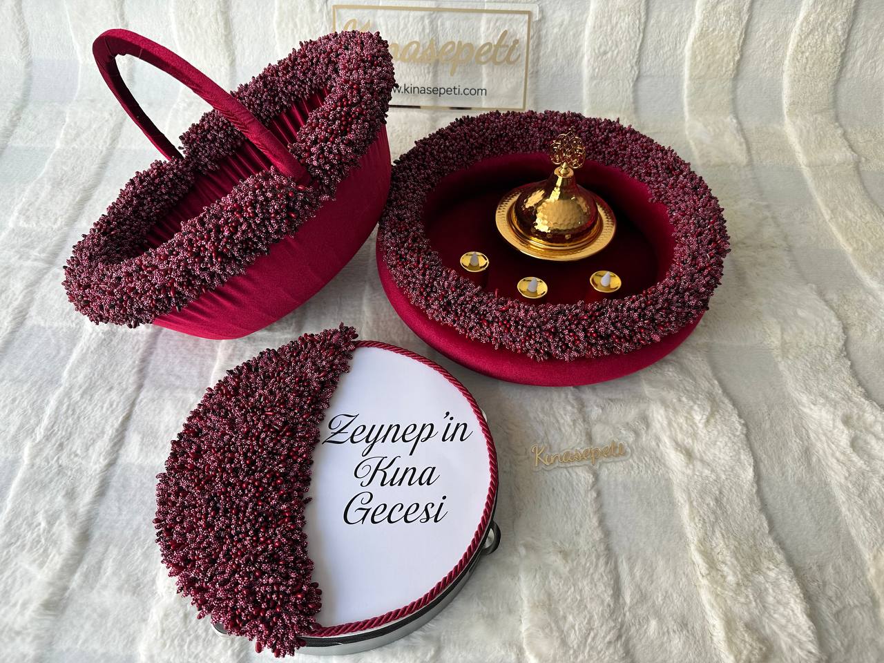 Personalized Burgundy Bud Patterned Henna Set (Tray, Basket, Tambourine with Writing) - hennaset