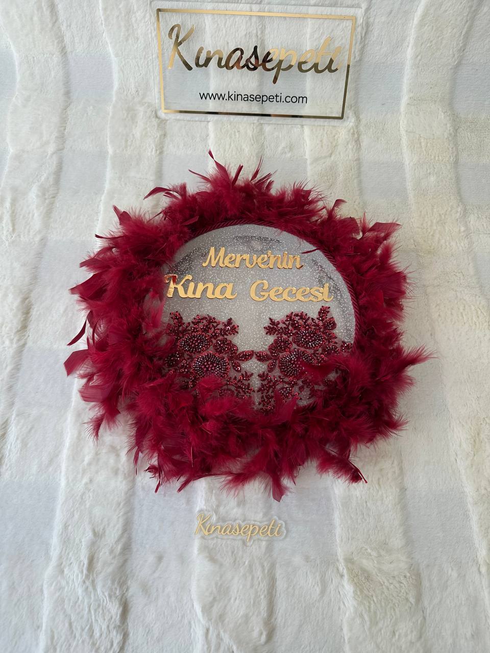 Personalized Burgundy Bride's Tambourine with Plexiglass Name and Feathers / Luxury Henna Tambourine - tamborine