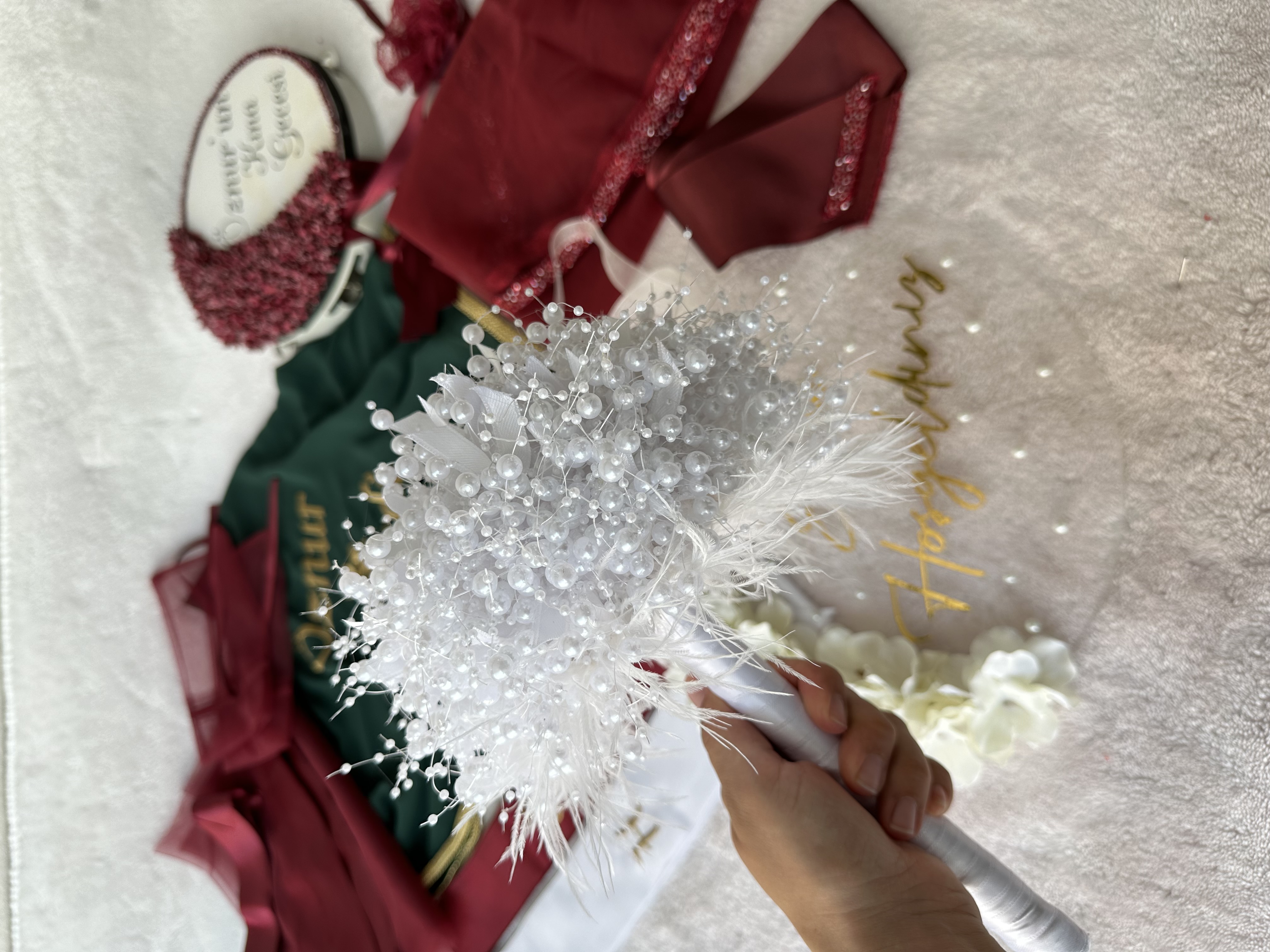 Yapay Çiçekli ve İncili Gelin El Buketi / Kalıcı Düğün Çiçeği - ornament