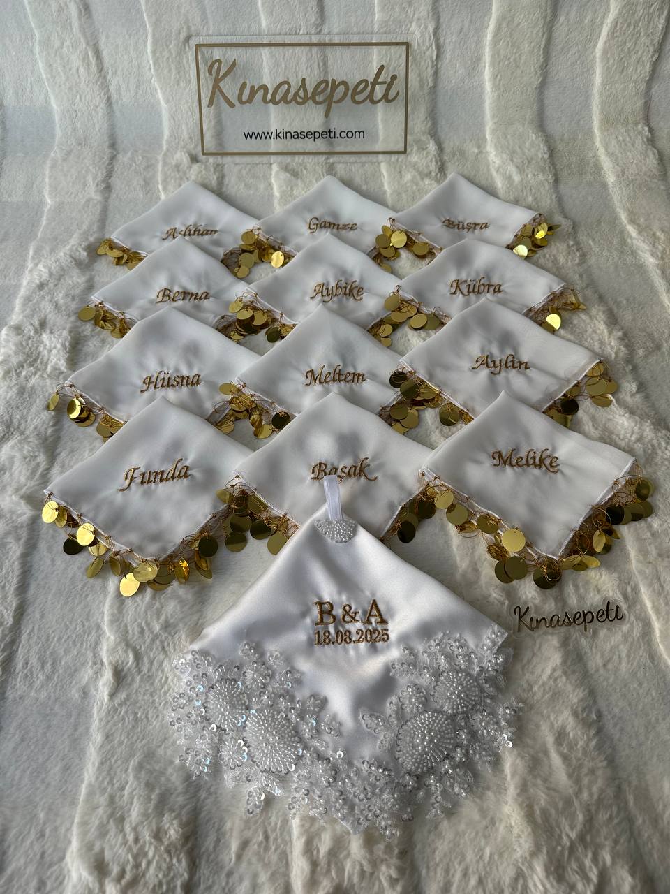Kişiye Özel İsimli Beyaz Pullu Halay Mendili / Gelin & Nikah Mendili - handkerchief