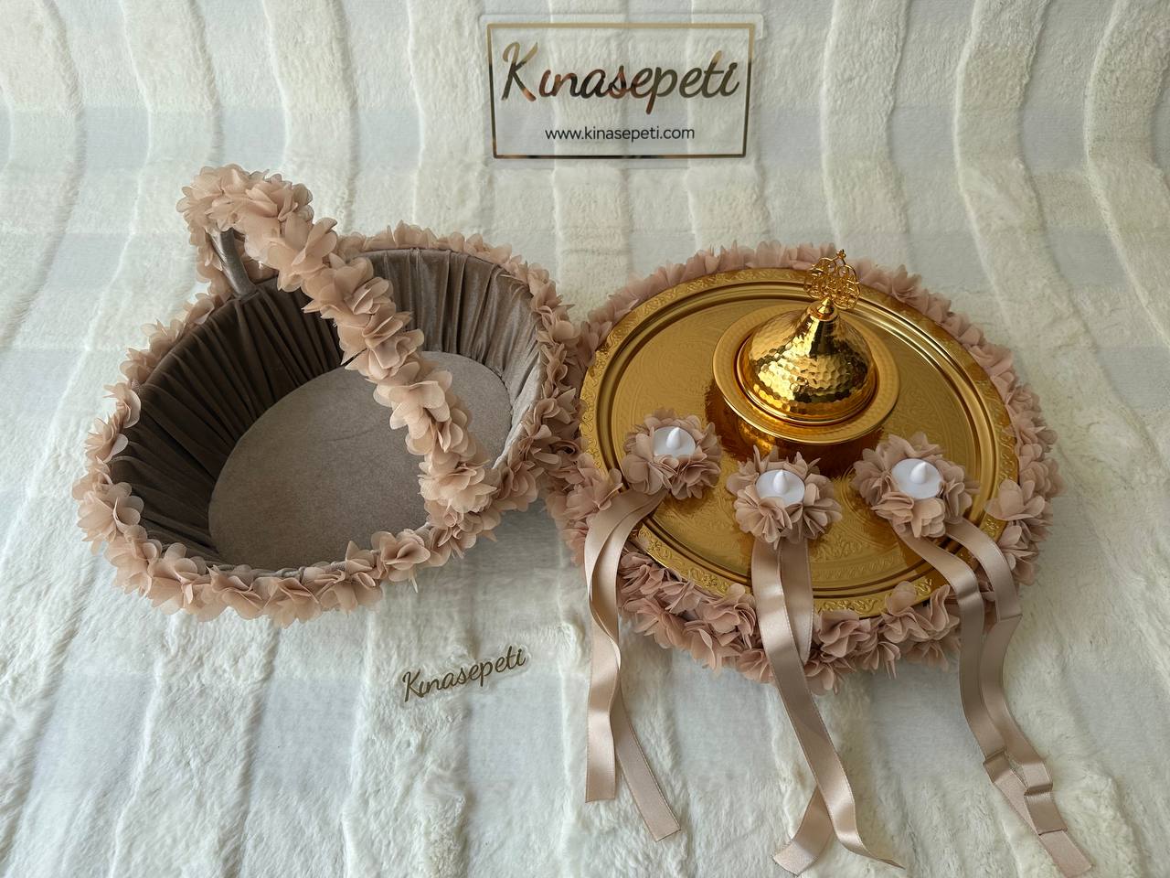 Bej Çiçek Motifli Bohem Kına Seti (Tepsi, Sepet, Kase, 3 LED Mum) - hennaset