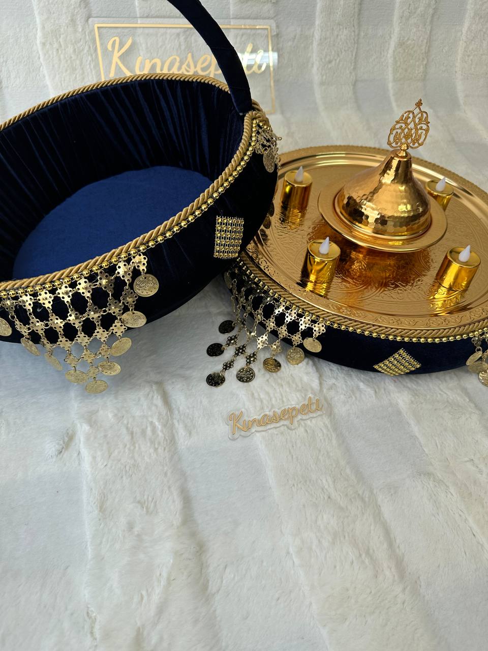 Blue Henna Set with Ottoman Motif (Tray, Basket, Bowl, 4 LED Candles) - hennaset